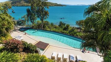 Piscine extérieure, chaises longues