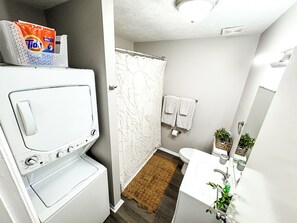 Hair dryer, towels, toilet paper