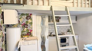 A loft-style bedroom with a bunk bed, a kitchen area with a microwave, and a laundry area with a washing machine.
