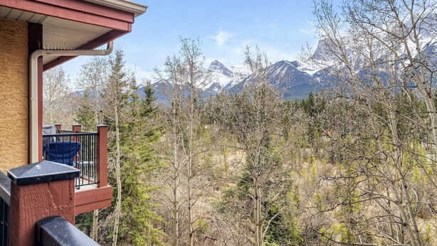 A balcony with a view of snow-capped mountains and a forested area.