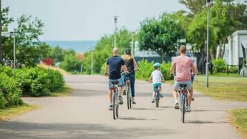 A paved path with cyclists, surrounded by greenery and a clear sky.
