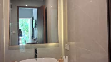 Hair dryer, towels, soap, toilet paper