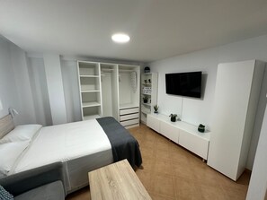 A modern bedroom with a bed, a bedside table, a wardrobe, a TV, and a shelf with plants. - Charming studio in brilliant Málaga with WiFi, AC (Málaga)