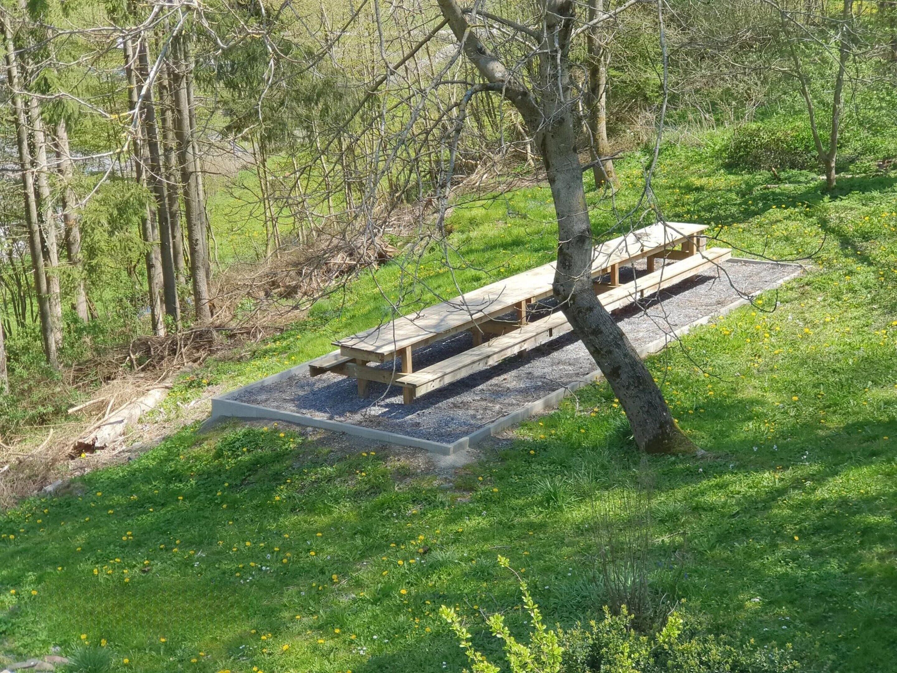 Uma mesa de piquenique em uma área arborizada com chão gramado.