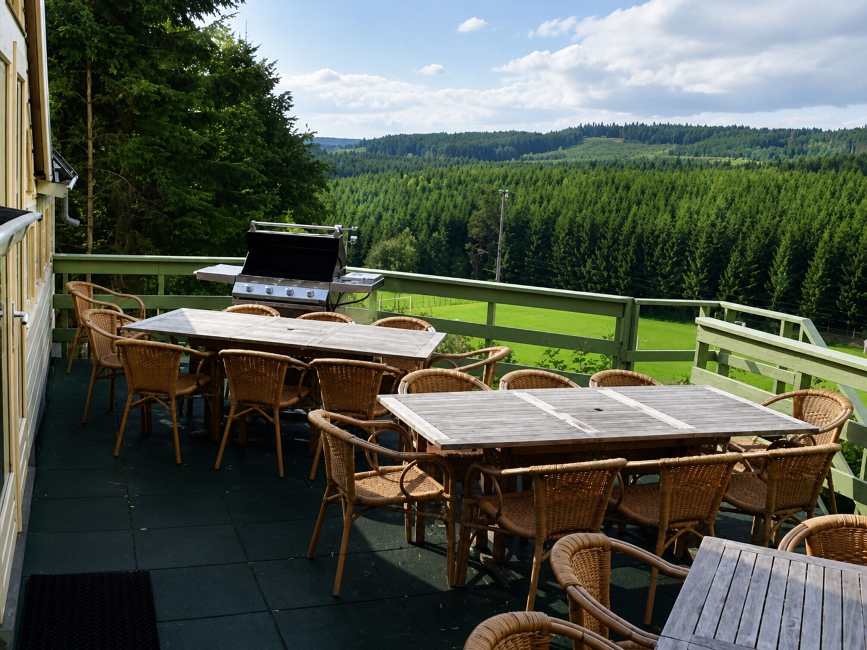 Patio esterno con mobili in vimini e un barbecue, affacciato su una zona boschiva.