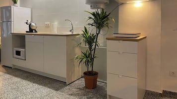 Frigorífico, microondas, placa de cocina y cafetera o tetera