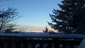 Paesaggio innevato con cielo sereno e catena montuosa in lontananza.