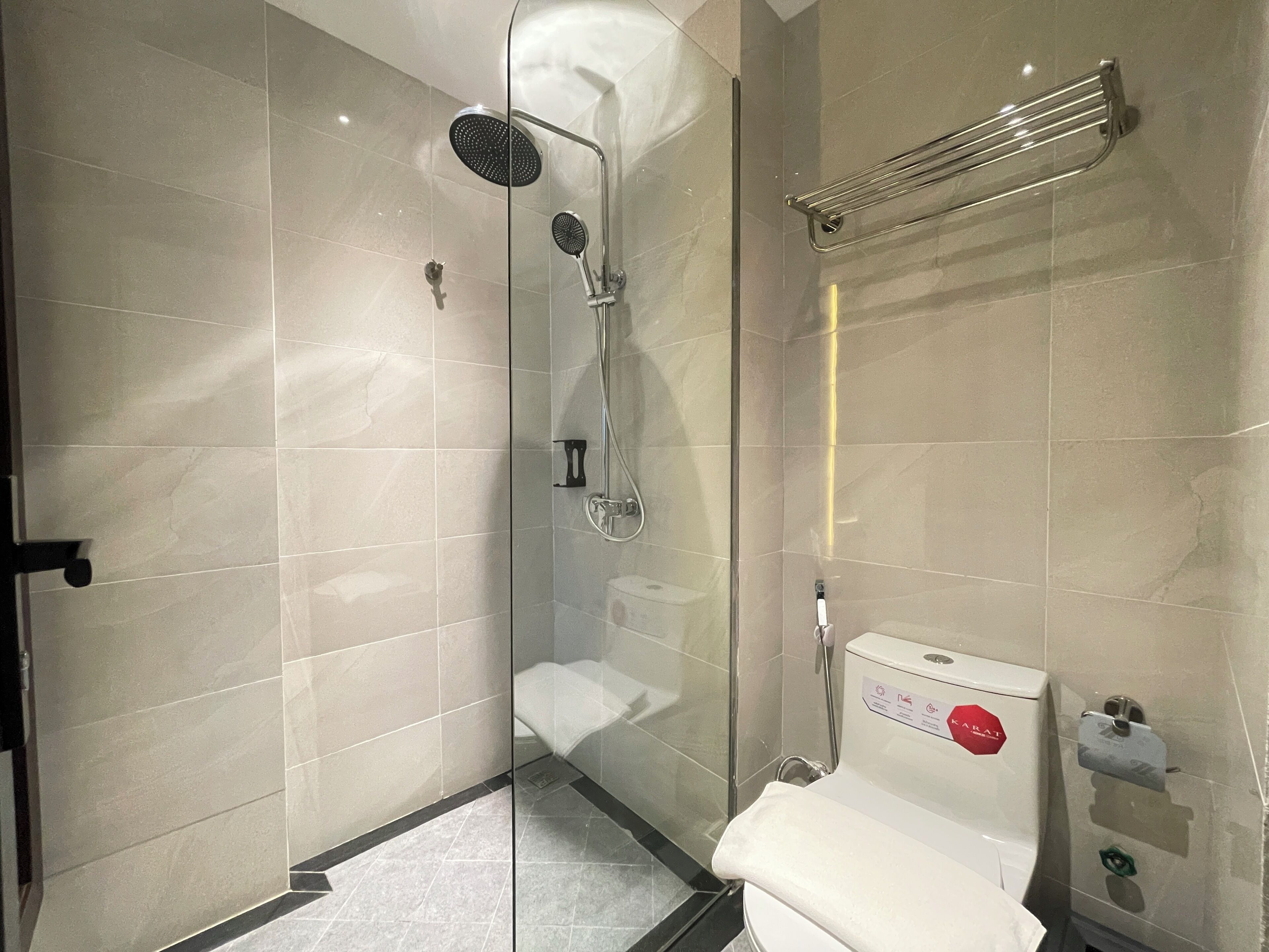 A modern bathroom with a glass-enclosed shower, a toilet, and a towel rack.