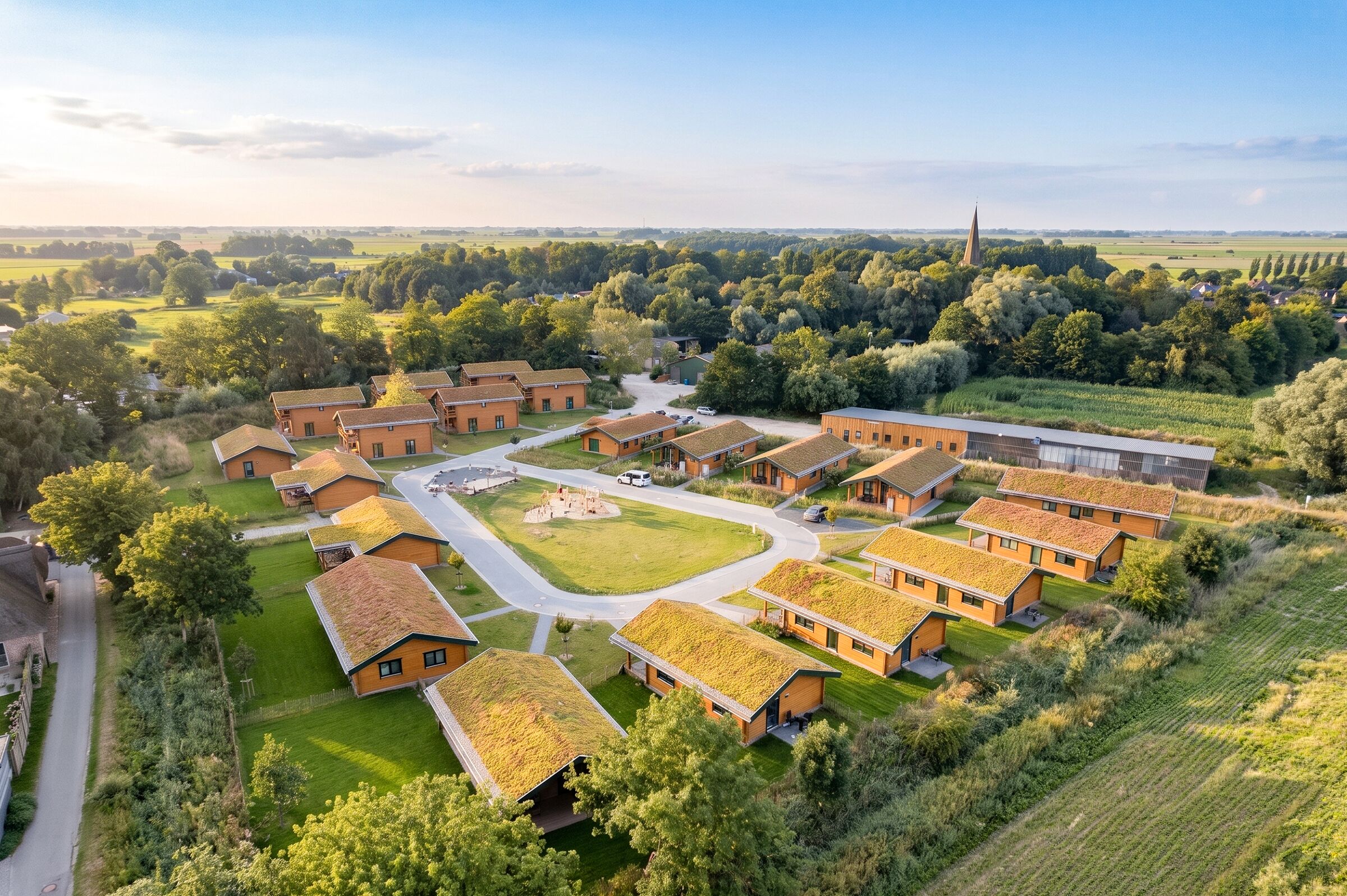 A residential area with multiple houses, a central open space, and a distant church spire.