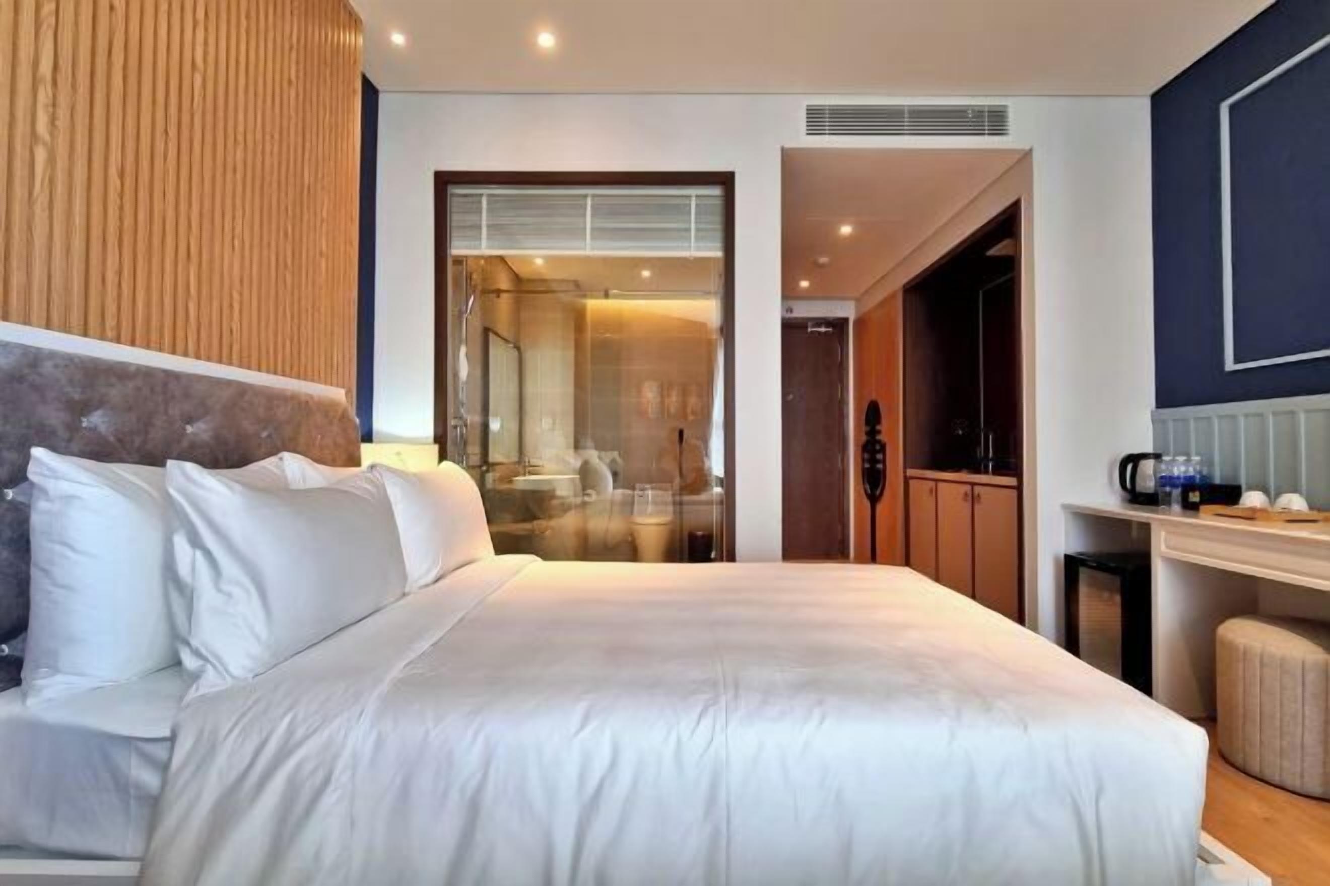 Desk, laptop workspace, blackout curtains, soundproofing