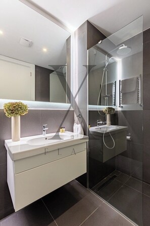 Shower, hair dryer, bidet, towels