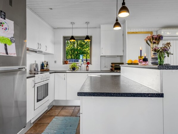Fridge, dishwasher, cookware/dishes/utensils