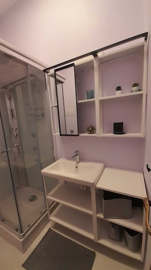 Shower, hair dryer, bidet, towels
