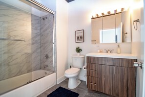 Hair dryer, towels, soap, shampoo
