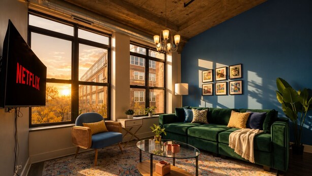 Una sala de estar con un sofá verde, un sillón azul, una mesa de centro y un televisor mostrando el logotipo de Netflix.