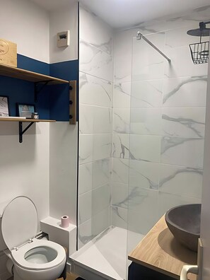 Douche, sèche-cheveux, serviettes fournies, savon