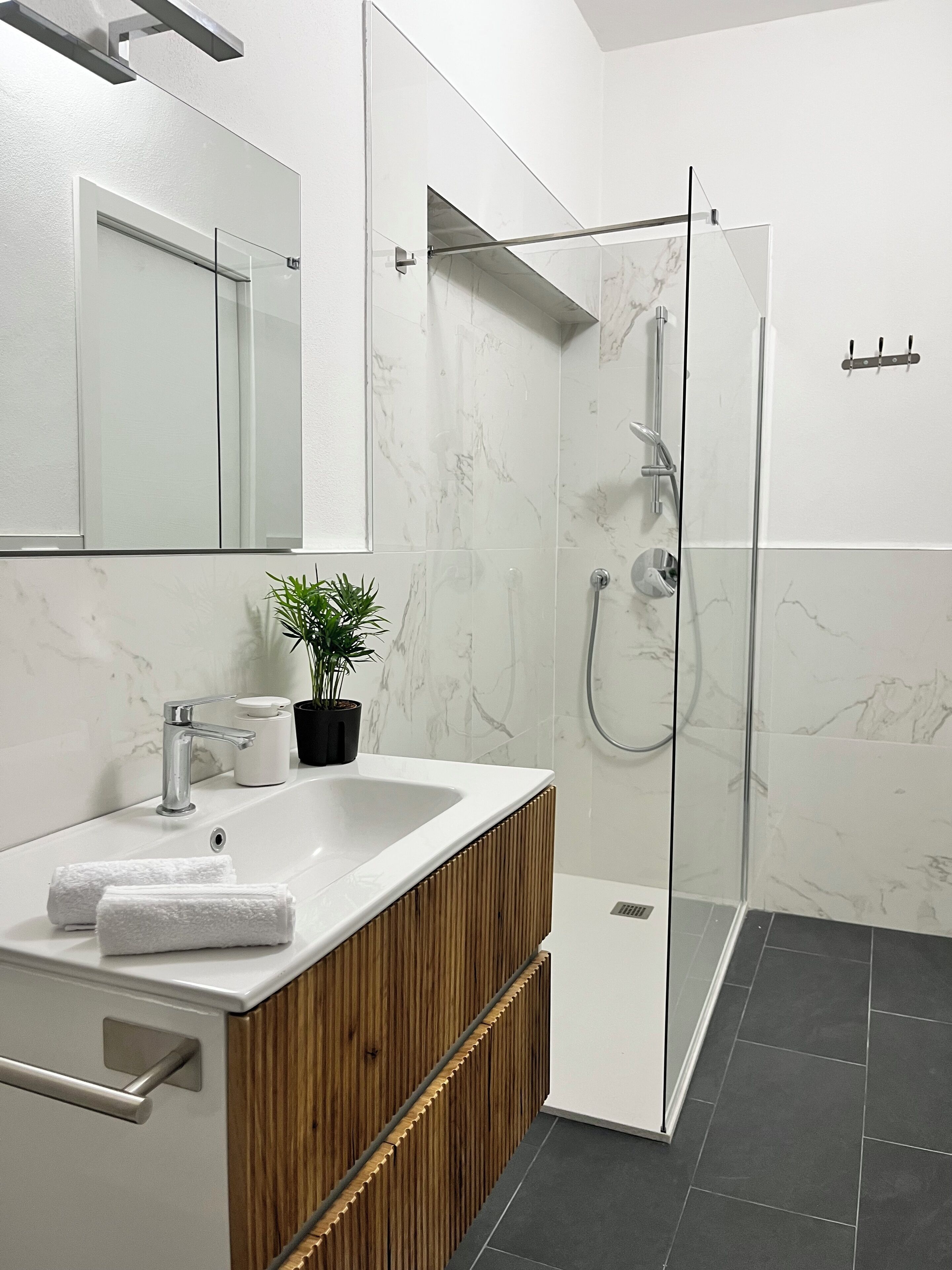 Douche, séchoir à cheveux, bidet, serviettes fournies
