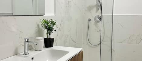 Shower, hair dryer, bidet, towels