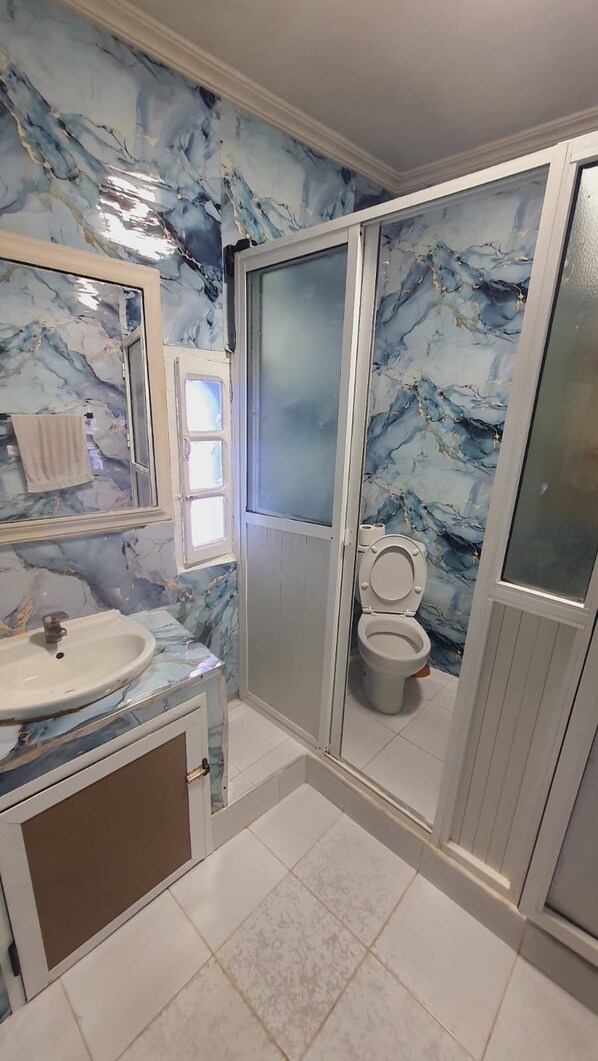 Une salle de bain avec un pare-baignoire en marbre, un lavabo, des toilettes et une cabine de douche.