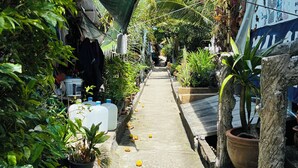 Un sendero estrecho bordeado por abundante vegetación y plantas en macetas, que conduce a un edificio con techo de metal corrugado y un letrero.