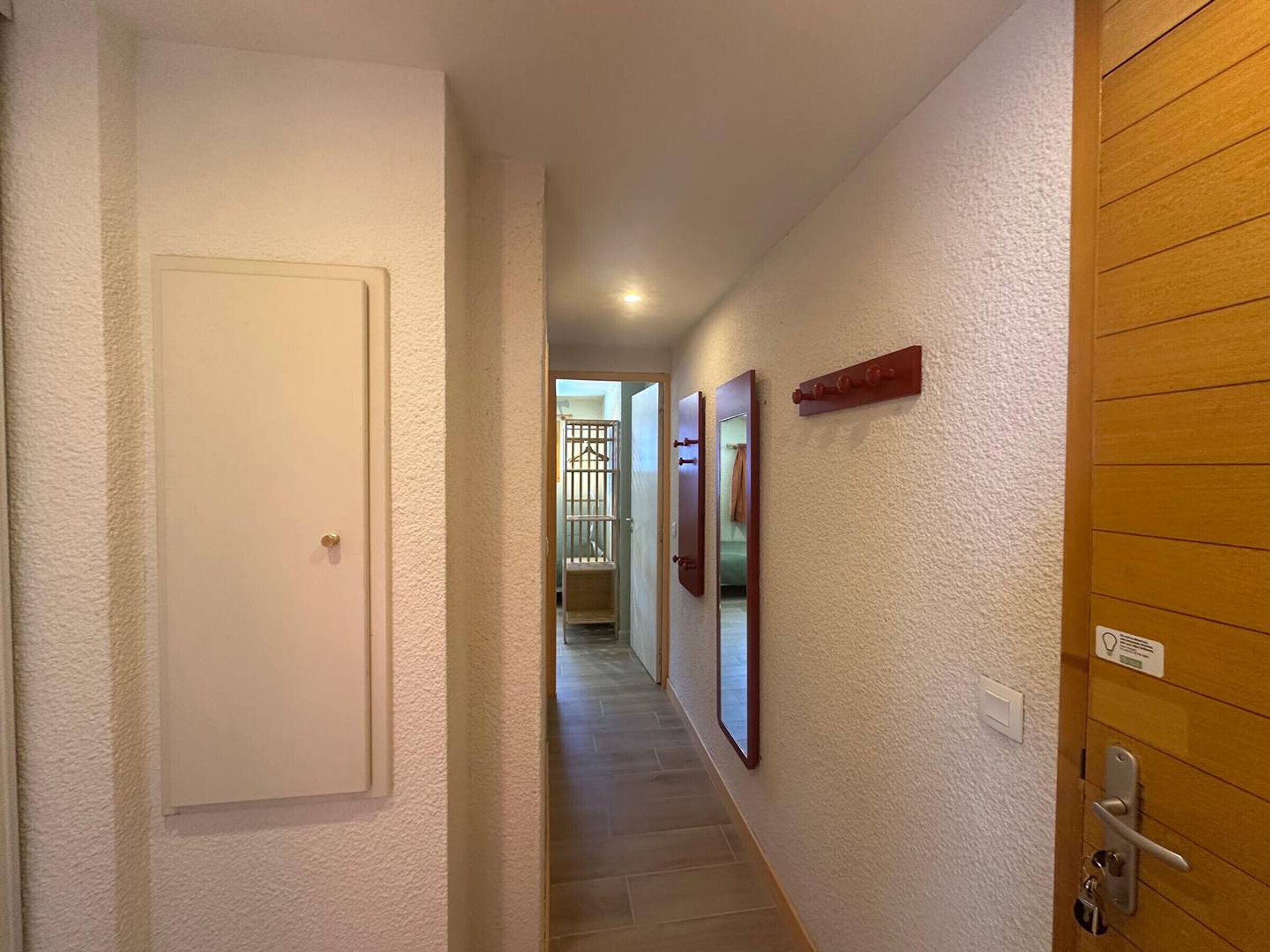 Een hal met een houten deur aan de rechterkant, een witte deur aan de linkerkant en een spiegel aan de muur.
