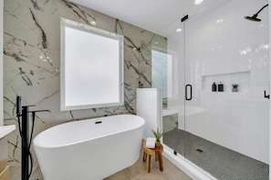 Shower, hair dryer, shampoo