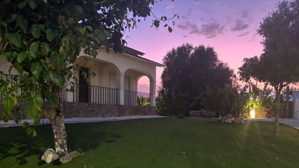 A well-maintained lawn with a stone wall and a building with arched windows.