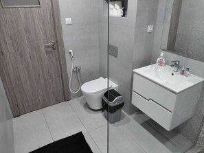 Shower, towels, soap, toilet paper