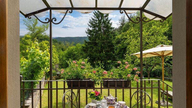 A garden patio with a table set for tea, surrounded by a metal fence, and a pergola overhead.