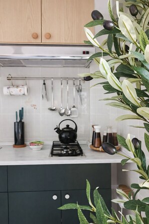 Fridge, microwave, coffee/tea maker, toaster