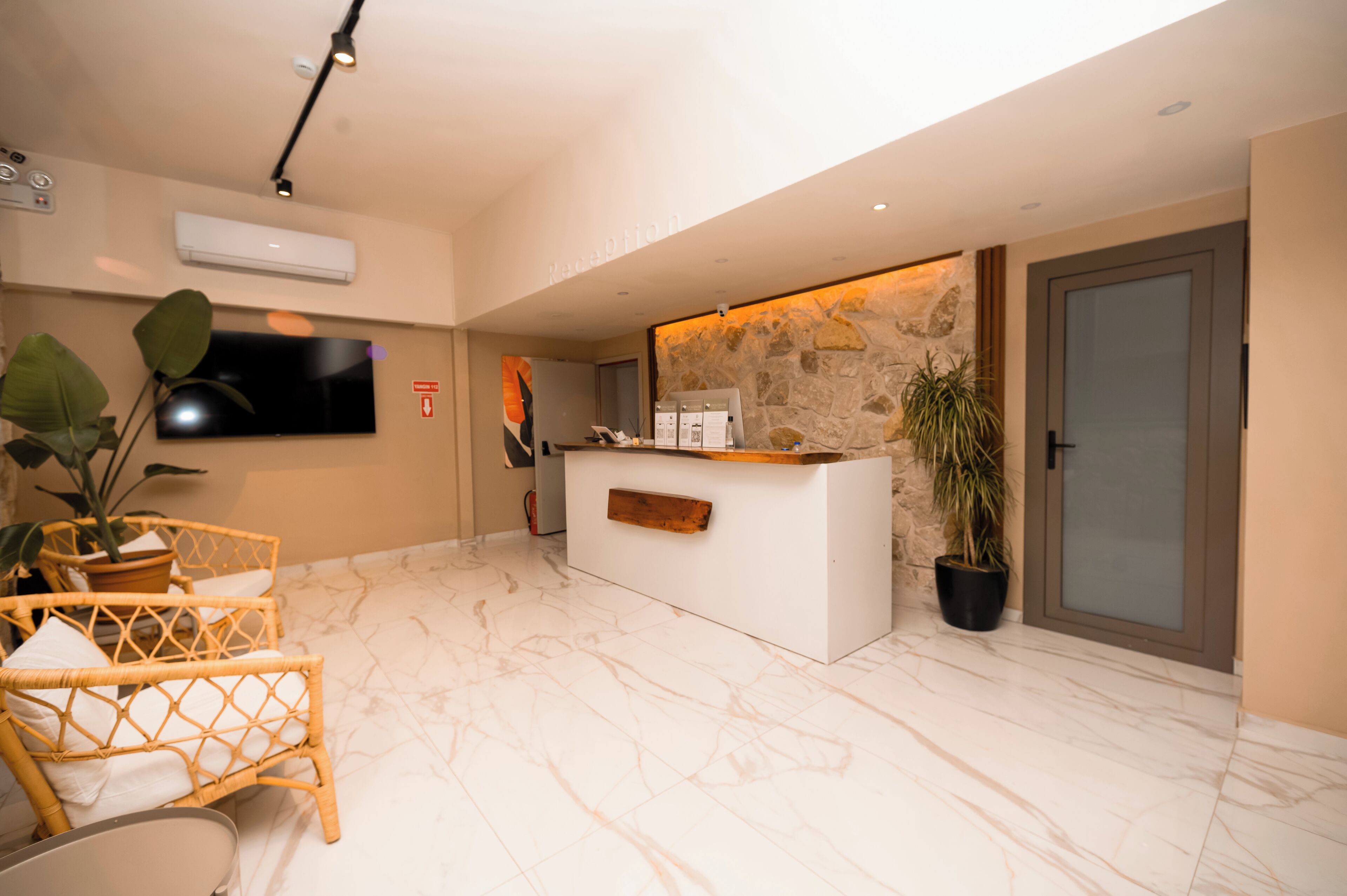 A reception area with a marble floor, a reception desk, a flat-screen TV, and potted plants.