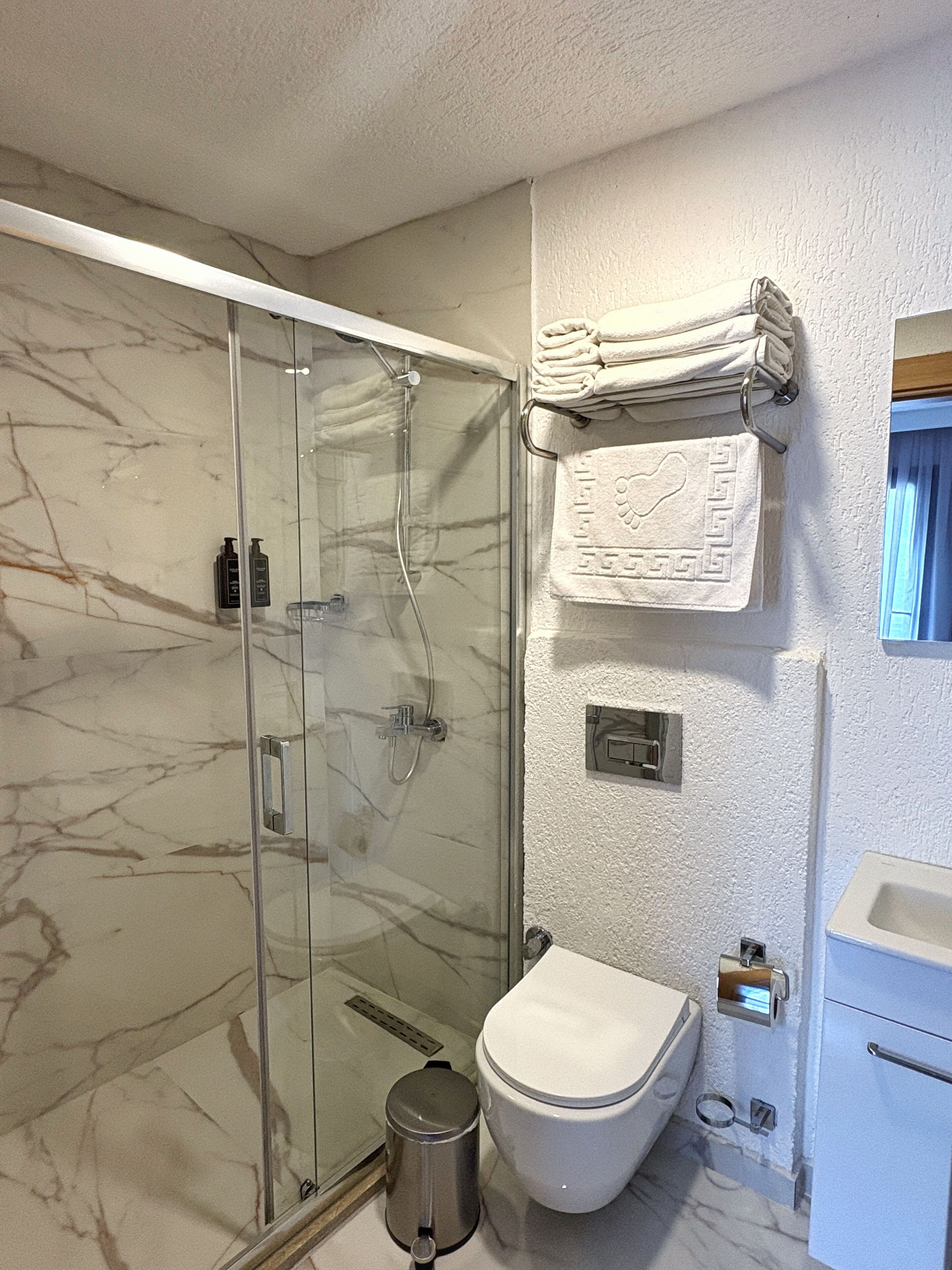 A bathroom with a glass-enclosed shower, a toilet, and a sink.