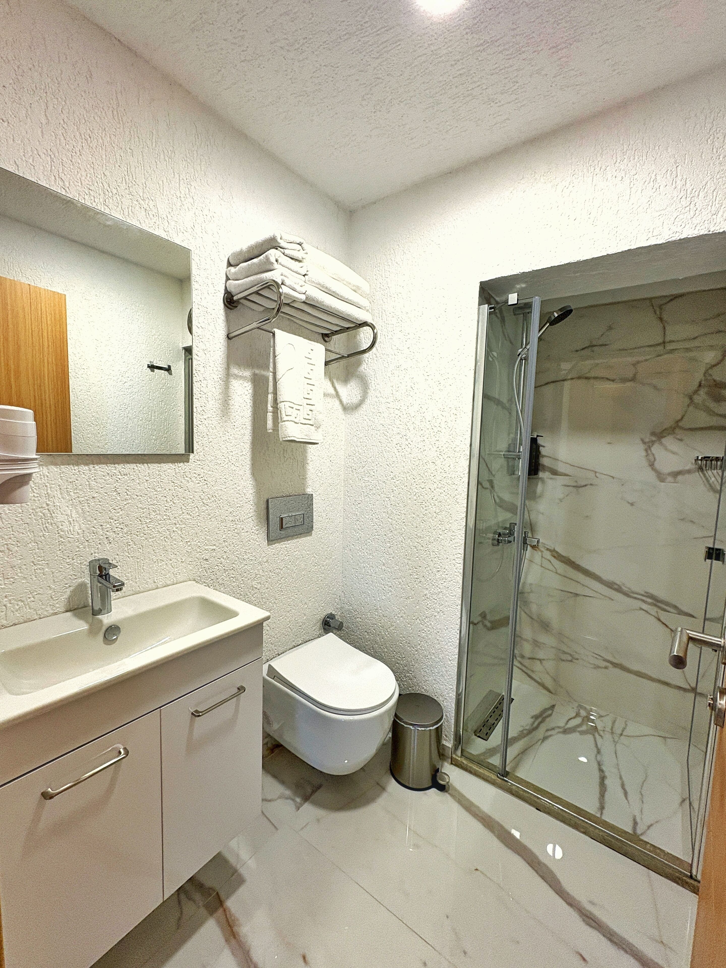 A bathroom with a marble shower, a sink, a toilet, and a mirror.