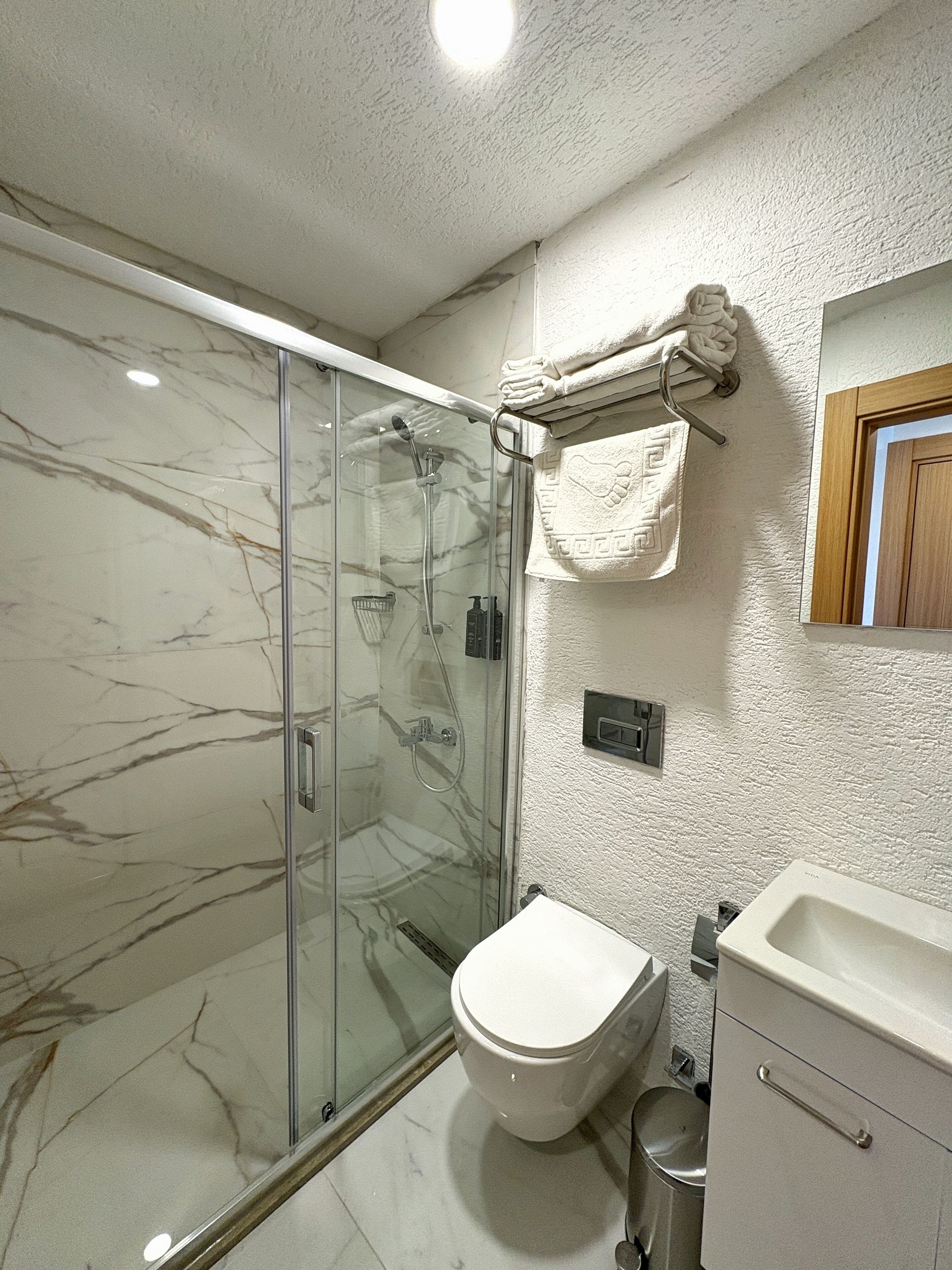Une salle de bain avec une douche à parois de verre, des toilettes et un lavabo.