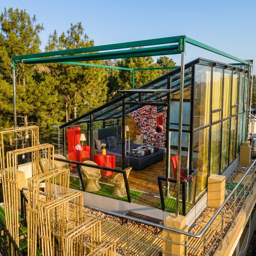 Chambre Double Panoramique, 1 très grand lit, balcon, vue montagne | Terrasse/Patio