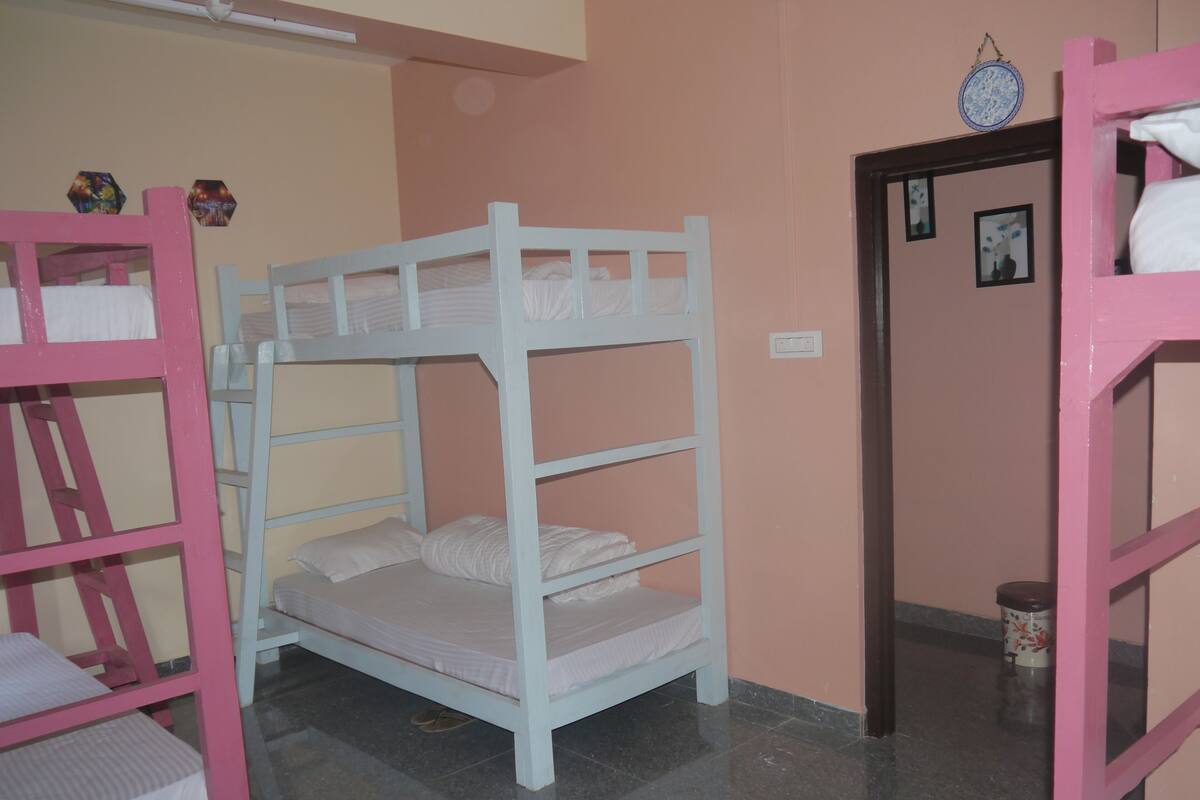 Une chambre avec un lit superposé aux couleurs rose et blanc, une porte ornée d’un cadre et une poubelle.