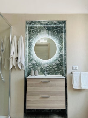 Shower, hair dryer, bidet, towels