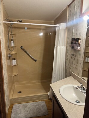 Shower, hair dryer, bidet, towels