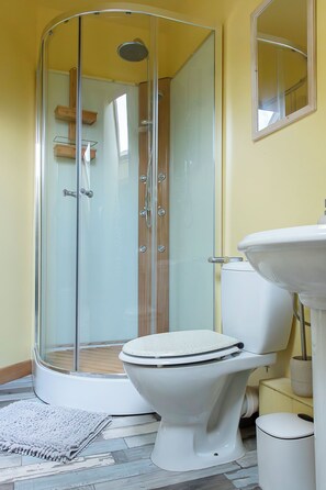Shower, hair dryer, towels, toilet paper