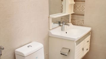 Deluxe Twin kamer, uitzicht op bergen | Badkamer | Een douche, pantoffels, handdoeken, zeep