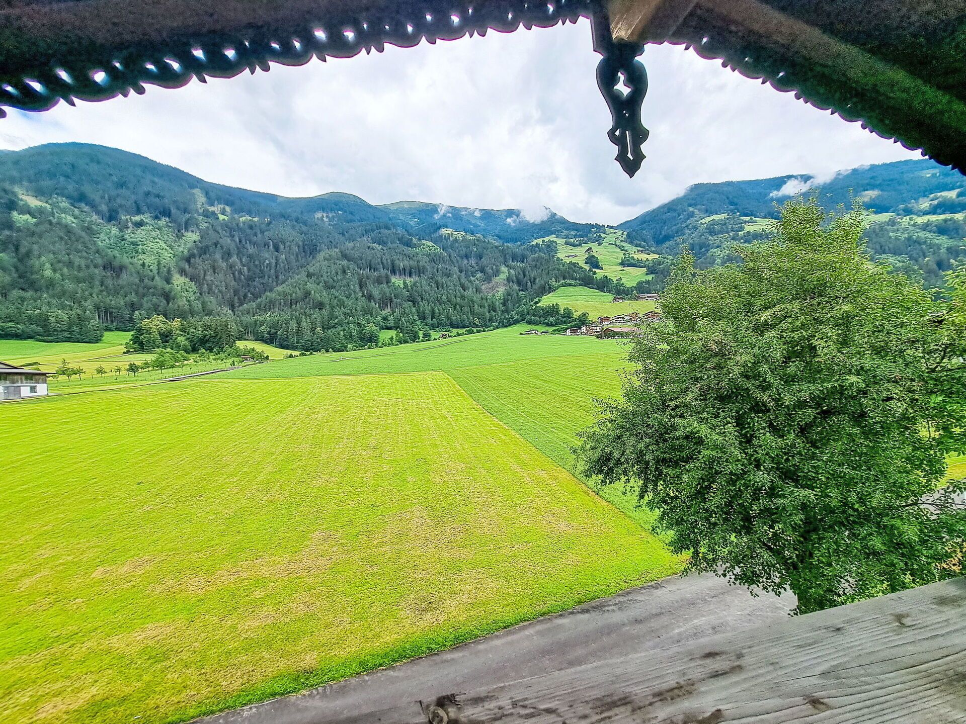 Vista desde una ventana sobre un valle verde con campos y una cadena montañosa boscosa.