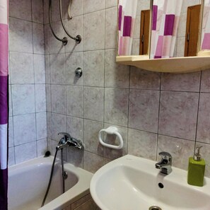 Hair dryer, bidet, towels, soap