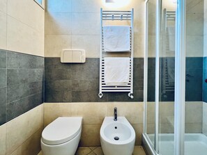 Een douche, een haardroger, een bidet, handdoeken