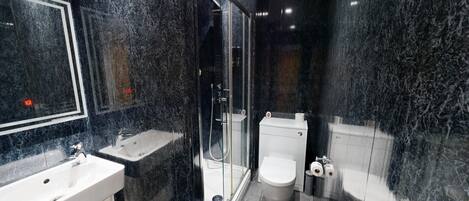 A modern bathroom with a glass-enclosed shower, a white toilet, and a sink with a mirror.