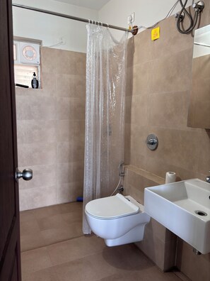 Shower, hair dryer, soap, toilet paper