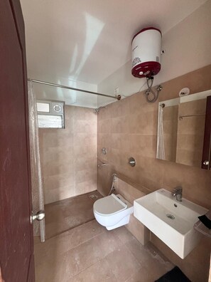 Shower, hair dryer, soap, toilet paper