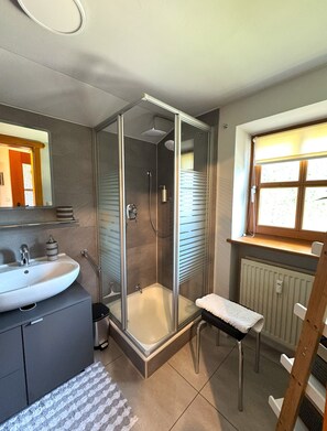 Dusche, Haartrockner, Handtücher, Seife