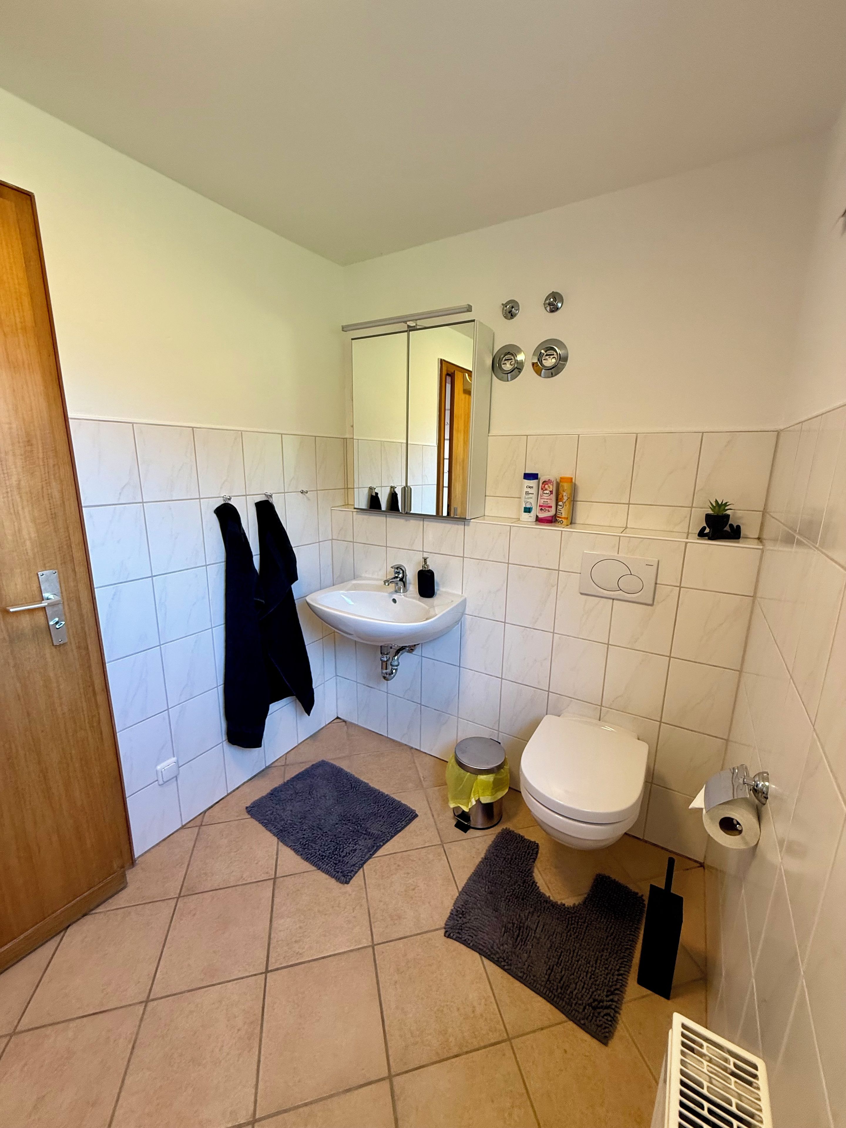 Ein Badezimmer mit Waschbecken, Toilette, Spiegel und Handtuchhalter.