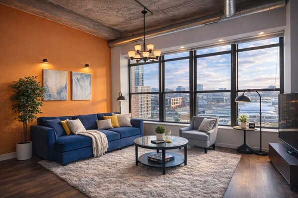 Een moderne woonkamer met een blauwe bank, een salontafel en uitzicht op de stad door grote ramen.