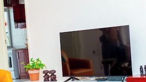 Een woonkamer met een flatscreen televisie, een salontafel met afstandsbedieningen, een kamerplant en een rode stoel.